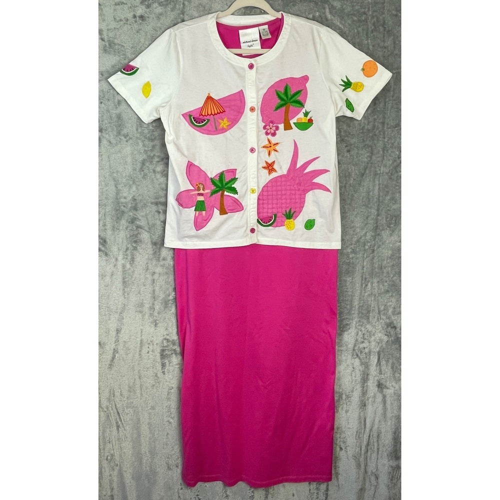Michael Simon 2p Set Dress W/ Cardigan Medium Pink Maxi Tropical Hawaiian Beachy